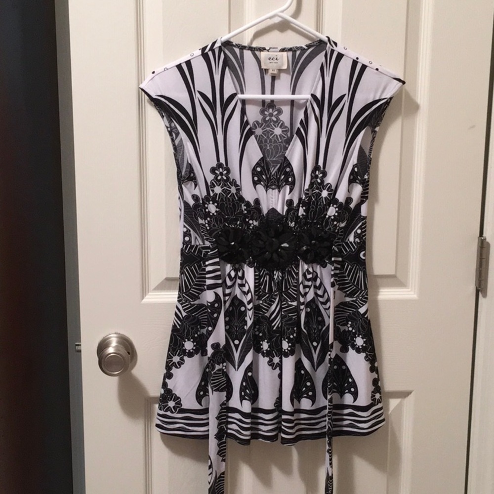 ECI- Black & White Blouse with Beaded Waist Band